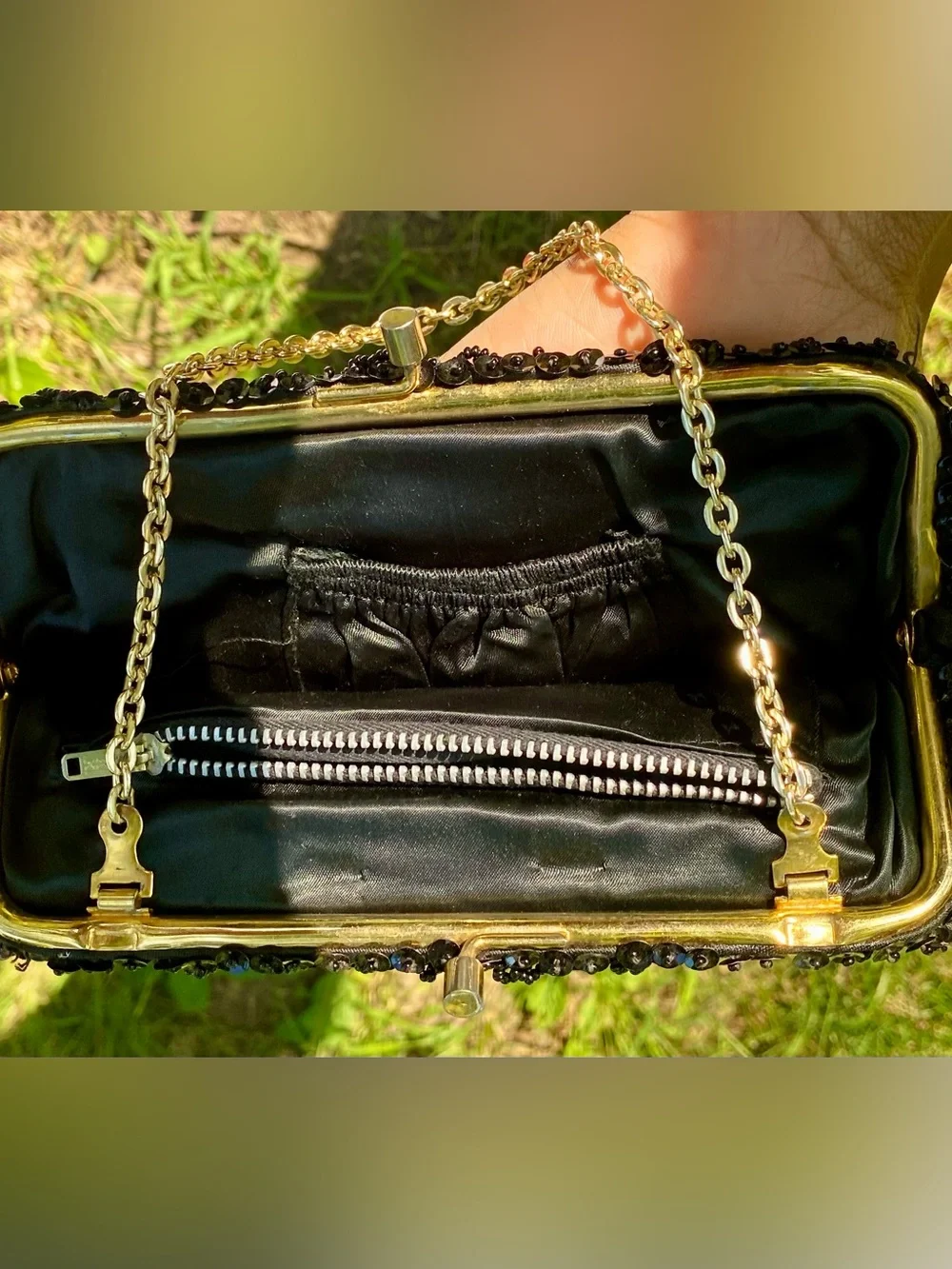 Hand-Beaded Black Prairie Clutch with Gold Chain